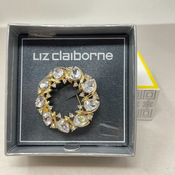Liz Claiborne Clear Rhinestone Wreath Brooch Gold-Tone Classic Holiday Gift - Picture 1 of 8